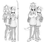  4girls animal_ears bag bow bowtie closed_mouth crossed_arms domino_mask dual_persona ears_down el_condor_pasa_(umamusume) frown full_body grass_wonder_(umamusume) greyscale highres holding holding_polearm holding_weapon horse_ears horse_girl horse_tail jitome long_hair long_sleeves looking_at_viewer mask monochrome multiple_girls naginata oo_sungnim open_mouth pleated_skirt polearm ponytail sailor_collar school_bag school_uniform shoes skirt standing sweatdrop tail tearing_up thighhighs tracen_school_uniform umamusume v-shaped_eyebrows weapon 