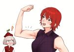  ! 2girls biceps blush brown_hair commentary_request horikawa_raiko looking_at_another lyrica_prismriver miyamoto_(dominocube6) multiple_girls open_mouth red_hair red_headwear short_hair simple_background touhou upper_body white_background 