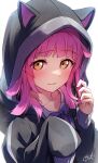  1girl absurdres animal_hood black_hoodie blue_bow blunt_bangs blunt_ends blush bow brown_eyes cat_hood closed_mouth collarbone hands_up highres hood hood_up hoodie long_hair long_sleeves looking_at_viewer love_live! love_live!_nijigasaki_high_school_idol_club nail_polish pink_hair playing_with_own_hair shirt sidelocks signature sleeves_past_fingers sleeves_past_wrists smile solo tennouji_rina upper_body white_background white_shirt yatoroku 