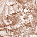  1girl ;q commentary_request cross-laced_clothes dated derivative_work greyscale hammer holding holding_knife karakasa_obake knife monochrome nokimenayu one_eye_closed short_hair short_sleeves sitting sketch skirt solo tatara_kogasa tongue tongue_out touhou traditional_media umbrella 