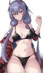  1girl absurdres bikini black_bikini blush breasts cameltoe cleavage collarbone counter:side groin hair_ornament highres large_breasts lenore_(counter:side) long_hair looking_at_viewer nail_polish navel purple_hair royalmonkey solo sweat swimsuit white_background 