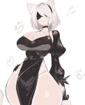  1girl 2b_(nier:automata) animal_ears bare_hips black_blindfold black_choker black_dress black_gloves black_hairband blindfold blush breasts cat_ears cat_girl choker cleavage collarbone commentary covered_eyes covered_navel cowboy_shot dress facing_viewer feather-trimmed_sleeves gloves hair_over_one_eye hairband halter_dress halterneck hand_on_own_hip highleg highres juliet_sleeves large_breasts light_frown long_sleeves medium_hair nier:automata nier_(series) paw_print paw_print_background pelvic_curtain puffy_sleeves side_slit simple_background skindentation solo standing thick_thighs thighs usa37107692 white_background white_hair wide_hips 
