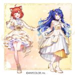  2girls ahoge amamiya_kokoro ascot bell blue_hair cropped_jacket dress gloves gold_trim hair_bell hair_ornament jacket layered_dress long_sleeves multiple_girls nijisanji official_art ratna_petit red_panda_ears red_panda_girl sample_watermark standing standing_on_one_leg two_side_up virtual_youtuber watermark white_ascot white_footwear white_gloves x_hair_ornament yellow_dress yellow_eyes yellow_jacket yumesaki_nana 