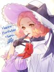 1girl black_bow black_gloves bow brown_eyes brown_hair character_name cloak gloves happy_birthday hat hat_bow highres looking_at_viewer okumura_haru persona persona_5 qoo1234 red_bow short_hair solo upper_body white_cloak white_headwear 