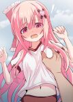  1girl artina bow buruma clenched_hands commentary_request embarrassed grabbing grabbing_another&#039;s_breast hair_bow hair_ornament highres long_hair looking_at_viewer navel open_mouth original pink_eyes pink_hair pov pov_hands sky solo_focus sweat 