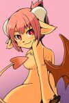 abstract_background anthro bovid bovid_horn breasts caprine caprine_horn chest_tuft convenient_censorship covering covering_breasts demon female fingers fur goat goat_horn hair hands_behind_back hooved_fingers hooves horn kemono looking_at_viewer looking_back mammal membrane_(anatomy) membranous_wings pink_hair red_eyes shoulder_blades side_boob smile solo spade_tail tail tail_censorship tan_body tan_fur toraneko38 tuft wide_hips wings