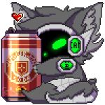 &lt;3 animated anthro beverage beverage_can c.a.m. canid canine canis cod_zombies digital_media_(artwork) embrace fur glowing green_body green_eyes green_glow grey_body grey_fur hug jackal juggernog likara low_res machine male mammal pixel_(artwork) pixel_animation protogen robotic screen screen_face soda solo yuri_chacal