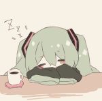  1girl =_= aqua_hair bangs beige_background blush chibi coaster cup hatsune_miku hazakura_chikori head_on_table mug sleeping sleeves_past_fingers sleeves_past_wrists solo twintails vocaloid zzz 