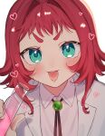  1girl aged_down aqua_eyes blush bolo_tie choppy_bangs close-up collared_shirt heart highres holding holding_test_tube kimi_no_koto_ga_dai_dai_dai_dai_daisuki_na_100-nin_no_kanojo lab_coat liquid looking_at_viewer open_mouth popo_po731 red_hair shirt short_hair sidelocks solo test_tube yakuzen_kusuri 