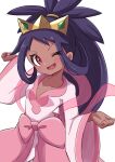  1girl absurdres blush bow collarbone commentary_request crown dark-skinned_female dark_skin highres iris_(pokemon) long_hair one_eye_closed open_mouth pink_bow pokemon pokemon_bw2 purple_hair red_eyes rono_(lethys) simple_background smile solo v-shaped_eyebrows white_background 