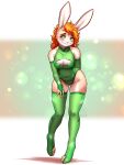 absolute_territory absurd_res anthro arm_warmers armwear blush breasts cleavage cleavage_cutout clothed clothing female green_clothing green_eyes hair hi_res lagomorph legwear leotard leporid long_ears looking_at_viewer mammal mykegreywolf orange_hair rabbit skimpy smile solo thigh_highs tight_clothing