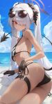  1girl absurdres ass beach bikini black_bikini black_footwear blue_archive blue_sky breasts bubble99 closed_mouth cloud commentary cowboy_shot dark-skinned_female dark_skin demon_tail expressionless eyewear_on_head grey_hair hair_over_one_eye halo highres iori_(blue_archive) iori_(swimsuit)_(blue_archive) long_hair looking_at_viewer multi-strapped_bikini_bottom official_alternate_costume outdoors pointy_ears red_eyes revision side-tie_bikini_bottom sky small_breasts solo sunglasses swimsuit tail thighs twintails underboob v-shaped_eyebrows 