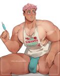  1boy bandaid bandaids_on_nipples bara blue_eyes blue_male_underwear blush border bulge covered_nipples cowboy_shot english_text food highres holding holding_food holding_popsicle jockstrap ketanbakar large_pectorals looking_to_the_side male_focus male_underwear muscular muscular_male open_mouth original pasties pectoral_cleavage pectorals pink_hair popsicle print_tank_top revealing_clothes short_hair sidepec simple_background sitting solo sweat tank_top testicle_peek thick_eyebrows thick_thighs thighs undercut underwear white_background white_border white_tank_top 