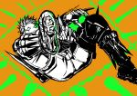  1boy blonde_hair boots claws climaxmukr colored_tips dorohedoro elbow_spikes facial_mark fighting_stance from_below looking_down male_focus multicolored_hair no_eyebrows risu_(dorohedoro) solo telekinesis 