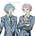  2boys ahoge ascot blue_hair blue_jacket closed_eyes closed_mouth ensemble_stars! green_necktie grey_background highres itsuki_shu jacket looking_at_another male_focus multiple_boys necktie open_mouth school_uniform shinkai_kanata shirt short_bangs short_hair simple_background tami_moteto translation_request white_ascot white_shirt yumenosaki_school_uniform 