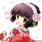  black_hair blush floral_print green_eyes hair_ornament hairband ikoku_meiro_no_croisee japanese_clothes kimono open_mouth paw_print shigunyan short_hair smile solo watermark yune_(ikoku_meiro_no_croisee) 