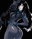  1girl artist_name ass black_background black_bodysuit black_hair bodysuit breasts closed_mouth commentary gantz gantz_suit grey_eyes hand_on_own_hip highleg highleg_leotard highres holding holding_weapon leotard lips long_hair long_sleeves looking_at_viewer looking_back medium_breasts miss_faves shimohira_reika shiny_clothes signature skin_tight weapon 