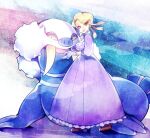  1girl blonde_hair blue_skin braid braided_ponytail breasts choker colored_skin dress glacia_(pokemon) gloves high_heels large_breasts multiple_braids pokemon pokemon_(creature) pokemon_oras purple_dress purple_eyes sleeves_past_elbows takashino_(noni-nani) tusks walrein walrus white_choker yellow_eyes 