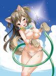  animal_ears bikini blush breasts brown_eyes brown_hair copyright_request dog_ears dog_paws dog_tail gloves hose inuburo large_breasts long_hair neckerchief paw_gloves paws side-tie_bikini solo swimsuit tail 
