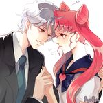  1girl bishoujo_senshi_sailor_moon blue_sailor_collar chibi_usa couple face-to-face forehead-to-forehead formal helios_(sailor_moon) hetero holding_hands necktie older pink_hair ryoryo sailor_collar school_uniform serafuku suit twintails white_background 