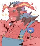  1boy bara black_claws blush colored_sclera colored_skin demon_boy dress_shirt earrings flower giving_flower highres holding holding_flower jewelry kimi6666 male_focus original pointy_ears pov_dating red_skin shirt sweatdrop yellow_sclera 