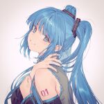  1girl arm_tattoo blue_eyes blue_hair blue_nails detached_sleeves from_side hand_on_own_shoulder hatsune_miku holding_own_arm long_hair looking_at_viewer nagu nail_polish parted_lips simple_background solo tattoo twintails upper_body vocaloid 