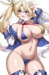  1girl absurdres arm_up bare_shoulders bikini blonde_hair blue_bikini blue_eyes blue_jacket blush boots bradamante_(fate) braid breasts cleavage collarbone commentary crown_braid fang fate/grand_order fate_(series) gold_bikini gold_trim halterneck hand_up highres jacket jasony large_breasts long_hair long_sleeves looking_at_viewer multicolored_bikini multicolored_clothes navel off_shoulder open_clothes open_jacket open_mouth paid_reward_available parted_bangs simple_background skin_fang smile solo sweat swimsuit thick_thighs thigh_boots thighs twintails underboob very_long_hair white_background white_jacket 