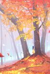  1girl artist_name atmospheric_perspective autumn autumn_leaves black_hair commentary_request day dress falling_leaves forest highres huhv. leaf long_hair nature orange_theme original outdoors plant scenery solo standing tree wide_shot yellow_dress 