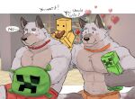 5_fingers abs ambiguous_gender anthro bedding black_eyes black_nose blanket blush bodily_fluids bottomwear bulge canid canine canis cheek_tuft chest_tuft clothed clothing collar creeper_(minecraft) digital_media_(artwork) english_text eyebrows facial_tuft fingers fluffy fluffy_tail food fur grey_body grey_fur group heart_reaction hi_res holding_meat holding_object holding_plushie human inner_ear_fluff inside male male/male mammal meat microsoft minecraft mojang muscular muscular_anthro muscular_male navel nomnom_arts offering_food orange_bottomwear orange_clothing orange_collar orange_shorts pillow plushie pupils question red_bottomwear red_clothing red_collar red_heart red_shorts shorts sitting size_difference snout sweat tail talking_to_another text topless trio tuft wolf wolf_(minecraft) xbox_game_studios yellow_body
