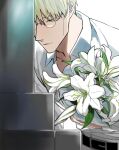  1boy alternate_eye_color belt belt_buckle black_belt blonde_hair blue_eyes bouquet buckle collared_shirt flower glasses grave highres holding holding_bouquet jujutsu_kaisen lips male_focus mochiya_(mochiya0504) nanami_kento shirt short_hair tombstone upper_body white_shirt 