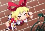  2girls blonde_hair blush bow brick_wall closed_eyes closed_mouth commentary_request highres kanisawa_yuuki medicine_melancholy multiple_girls open_mouth puffy_sleeves ribbon shirt skirt su-san tagme through_wall touhou wings 