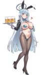  1girl absurdres alcohol animal_ears beer beer_mug black_jacket blue_archive blush bow bowtie breasts brown_pantyhose cropped_jacket crotchless crotchless_pantyhose cup fake_animal_ears frontless_outfit full_body gloves hair_ornament halo heart heart_maebari heart_pasties high_heels highres jacket large_breasts long_hair looking_at_viewer maebari meme_attire mug navel noa_(blue_archive) onedoo pantyhose pasties purple_eyes rabbit_ears rabbit_tail revealing_clothes reverse_bunnysuit reverse_outfit shrug_(clothing) sidelocks solo tail tray very_long_hair white_gloves white_hair wrist_cuffs 