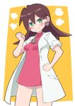  1girl absurdres blush breasts brown_hair buzzlyears closed_mouth earrings green_eyes highres jewelry lab_coat long_hair looking_at_viewer mega_man_(series) mega_man_legends_(series) short_sleeves skull_earrings small_breasts solo tron_bonne_(mega_man) 