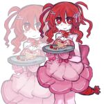  1girl antenna_hair back_bow blush bow bowtie breasts bright_pupils cake cleavage colored_skin dress food fruit funamusea hair_between_eyes hair_ornament hair_ribbon highres holding holding_plate ilovelobco777 large_breasts lobco_(wadanohara) lobster_girl lobster_tail looking_at_viewer nervous oounabara_to_wadanohara pink_bow pink_dress plate purple_outline purple_ribbon red_bow red_eyes red_hair ribbon sidelocks simple_background smile solo strawberry sweat sweatdrop white_background white_pupils white_skin wrist_bow x_hair_ornament zoom_layer 