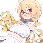  1girl ahoge bare_shoulders black-framed_eyewear blonde_hair blue_archive blush braid breasts checkered_clothes cheerleader cleavage collarbone commentary_request cowboy_shot dutch_angle flying_sweatdrops gamuo glasses halo kotori_(blue_archive) kotori_(cheer_squad)_(blue_archive) large_breasts low_twintails midriff millennium_cheerleader_outfit_(blue_archive) navel open_mouth pleated_skirt plump red_eyes semi-rimless_eyewear short_hair simple_background single_braid skirt smile solo teardrop-framed_glasses triangle_print twintails under-rim_eyewear white_background white_skirt yellow_halo 