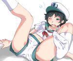  1girl anchor_symbol arm_support bare_legs black_hair collared_shirt fallen_down feet_up green_eyes hat highres leaning_back legs_up midriff_peek murasa_minamitsu navel one_eye_closed open_mouth panties panties_under_shorts panty_peek sailor sailor_collar sailor_hat sailor_shirt shirt short_hair short_shorts short_sleeves shorts sitting sobayu_to_tenpura socks solo spread_legs stomach touhou underwear upshorts white_panties white_shirt white_shorts white_socks wince 