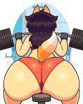 absurd_res anthro barbell big_butt biped butt canid canine clothed clothing dipstick_tail exercise female fox gloves hair handwear hi_res huge_butt jhenightfox julie_(jhenightfox) mammal markings rear_view solo tail tail_markings thick_thighs topwear weightlifting workout