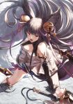  1girl animal_ears bell black_hair breasts cleavage commentary_request dress elbow_gloves erune fagi_(kakikaki) fox_ears fox_tail gloves granblue_fantasy hair_bell hair_ornament highres holding holding_sword holding_weapon jingle_bell large_breasts long_hair partial_commentary purple_eyes solo sword tail very_long_hair weapon yuel_(granblue_fantasy) 
