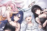  4girls absurdres bed_sheet black_camisole black_hair blue_archive blue_eyes blush_stickers breasts camisole cleavage fingernails flat_chest grey_hair halo highres koyuki_(blue_archive) large_breasts long_hair long_sleeves mechanical_halo multiple_girls noa_(blue_archive) open_mouth pajamas pink_hair pink_halo ponytail purple_eyes purple_hair raki_kr red_eyes rio_(blue_archive) seminar_(blue_archive) smile twintails white_pajamas yuuka_(blue_archive) 
