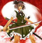  bad_id bad_pixiv_id black_hairband blue_eyes bow cherry_blossoms hair_ribbon hairband highres katana konpaku_youmu konpaku_youmu_(ghost) kuhotaka night night_sky open_mouth red_sky ribbon scabbard sheath short_hair silver_hair skirt sky solo star_(sky) sword touhou vest weapon 