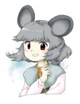  1girl :d animal animal_ears animal_on_shoulder capelet grey_capelet grey_hair hand_up long_sleeves mouse mouse_ears mouse_girl nazrin nonamejd official_style red_eyes short_hair smile solo touhou upper_body zun_(style) 