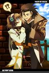  1boy 1girl alvin_(tales) bad_id bad_pixiv_id black_gloves blush bow braid brown_eyes brown_hair coat couple cravat eirakko flower gloves green_eyes hairband hands_clasped hetero leia_rolando own_hands_together pants ribbon smile spiked_hair tales_of_(series) tales_of_xillia 