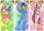  1girl 2boys absurdres art_deco asmodeus_alice blue_flower blue_hair blue_rose boots cape character_name demon_horns fangs flower fuurinura green_eyes green_flower green_rose grey_hair heart heart_tail highres horns mairimashita!_iruma-kun multiple_boys painting_(medium) pink_flower pink_hair pink_rose pink_skirt pleated_skirt rainbow_background rose school_uniform serafuku skirt smile socks starry_background suzuki_iruma tail traditional_media valac_clara watercolor_(medium) 