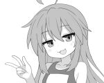  1girl :3 :d ahoge commentary english_commentary greyscale hand_up izumi_konata jitome long_hair looking_at_viewer lucky_star mikoscrub monochrome school_swimsuit smile solo swimsuit upper_body w 
