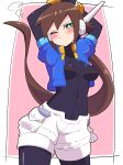  1girl absurdres aile_(mega_man_zx) arms_up black_bodysuit blue_jacket blush bodysuit breasts brown_hair buzzlyears closed_mouth cropped_jacket green_eyes highres jacket long_hair looking_at_viewer medium_breasts mega_man_(series) mega_man_zx one_eye_closed shiny_clothes short_shorts short_sleeves shorts solo white_shorts 