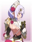 1girl absurdres armor back braid braided_bangs flower from_behind gauntlets genshin_impact green_eyes grey_hair hair_flower hair_ornament highres imtmcomics looking_to_the_side maid_headdress muscular muscular_female noelle_(genshin_impact) pauldrons red_flower red_rose rose short_hair shoulder_armor single_pauldron solo upper_body 