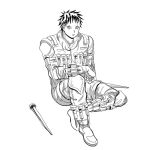  1boy black_sclera colored_sclera colored_tips dorohedoro facial_mark full_body greyscale jumpsuit knee_up male_focus monochrome multicolored_hair no_eyebrows risu_(dorohedoro) shoes sitting solo to_(pixiv_34180059) tool_belt 