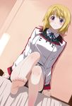  barefoot blonde_hair blush charlotte_dunois feet imo_works infinite_stratos long_legs purple_eyes ribbon school_uniform short_hair sitting smile solo 