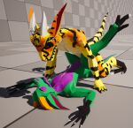3d_(artwork) all_fours anthro claws digital_media_(artwork) duo eyes_closed female horn humanoid kobold kobold_dellarte kret low_poly male male/female nude open_mouth piledriver_position reptile scalie sex simple_background tail vijaya