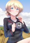  1girl alternate_costume black_jacket blonde_hair blue_eyes blue_sky blush braid cloud cloudy_sky coffee_mug cup darjeeling_(girls_und_panzer) day emblem girls_und_panzer half-closed_eyes highres holding holding_cup jacket kuromorimine_(emblem) kuromorimine_military_uniform long_sleeves looking_at_viewer military_uniform military_vehicle motor_vehicle mug on_vehicle outdoors parted_lips redbaron shirt short_hair sitting sky smile solo tank twin_braids uniform white_shirt 